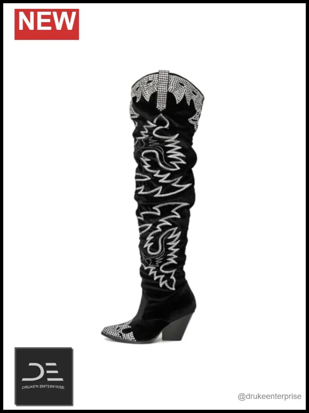 Rhinestone Embroidered Wide Calf Thigh High Slouchy Over The Knee Boots with